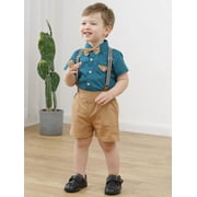 CARETOO Toddler Boys Clothes Suit Short Top Shirt Bowtie Suspenders Shorts 12M-5T Formal Outfits